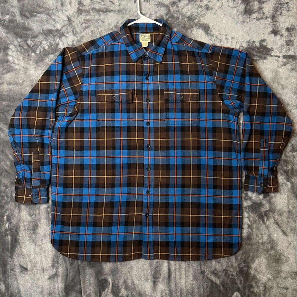 L.L. Bean Men's Button Up Flannel Long Sleeve Size XXL-TALL Blue Plaid Trad Fit